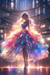 Anime girl, futuristic building, iridescent headpiece, shimmering gown, warm ambient light, quiet contemplation, science fiction illustration.