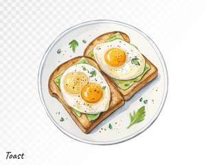 Toasts with fried eggs and green herbs painted in a cozy hand-drawn watercolor style, perfect for healthy breakfast visuals. Vector illustration