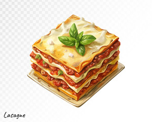 Classic Italian lasagna with meat and cheese layers painted in soft watercolor style, evoking comfort food and homestyle cooking. Vector illustration