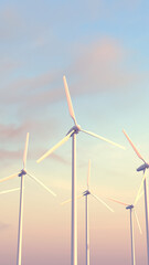 A vertical scene of modern wind turbines gently rotating at sunset in a realistic 3D rendering. Concept of sustainability, clean energy, and environmental awareness