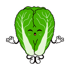 Funny cartoon Napa Cabbage meditating in lotus position, promoting healthy lifestyle and mindfulness