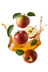 Fresh Red Apples With Green Leaves Splashing In Juice Isolated On Transparent