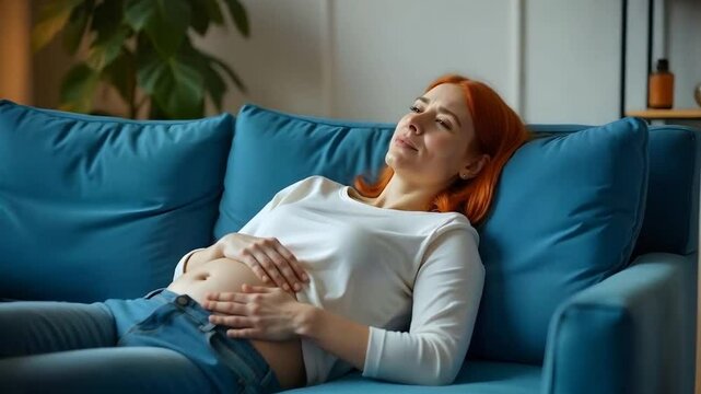 Early pregnancy worries, a woman lays on her back on the settee rubbing her stomach