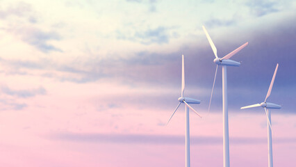 Three wind turbines standing tall and rotating against sky during dusk with copy space in 3D rendering. Concept of sustainability, clean energy, and environmental awareness
