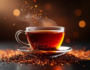 Steaming cup of tea with loose leaves