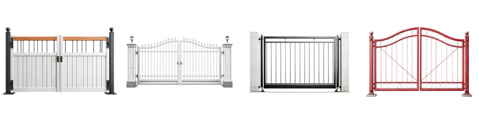 Modern, stylish gates showcasing a variety of designs in different colors, including wooden accents, aluminum, and wrought iron textures, ideal for enhancing home aesthetics and security