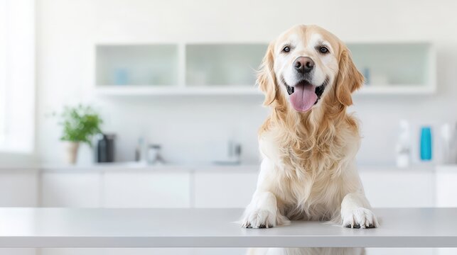 A dog is standing on a table in a kitchen