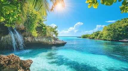 Paradise Found: Tropical Waterfall Oasis with Crystal Clear Turquoise Water