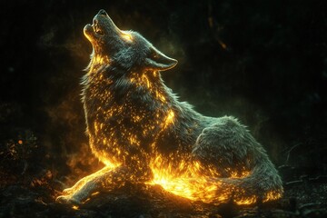 Massive glowing wolf howling into the night under a starry sky, surrounded by trees and foliage