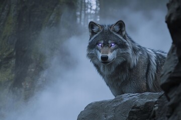 Wolf with radiant eyes reflects the power of the moon in a mystical forest setting under twilight sky