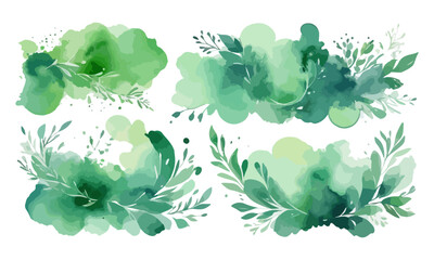 Green watercolor background with grass and plants. Vector illustration for your design