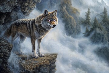 Wolf with radiant eyes reflects the power of the moon in a mystical forest setting under twilight sky