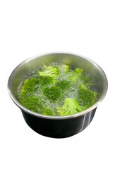 Broccoli Florets Poaching in Boiling Water Inside a Steel Cooking Pot
