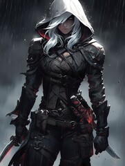 Female anime assassin, white hair, black leather armor, sword dagger, intense gaze.