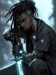 Anime illustration of a defiant male character with dreadlocks, robotic arm, and katana in a rainy dark cityscape.