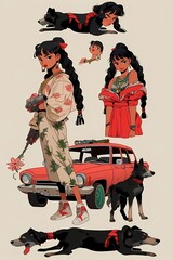 Anime illustration of young woman in traditional Mexican attire beside classic red car, holding pink flower, with black dog, against cityscape backdrop.