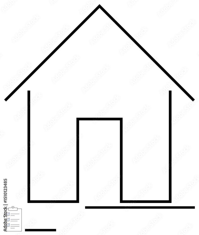 Poster simplistic house contour emphasizing structure and planning, accompanied by a small checklist icon. 