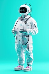 Naklejka premium A robot in a white suit is standing on a green background