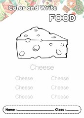A-Z Category Food, Dotted line letter writing CHEESE  and coloring, Alphabet trace and worksheet for kids.