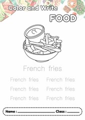 A-Z Category Food, Dotted line letter writing FRENCH FRIES and coloring, Alphabet trace and worksheet for kids.