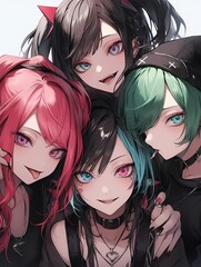 Four girls with vibrant colorful hairstyles and outfits smiling directly at camera unique styles accessories.