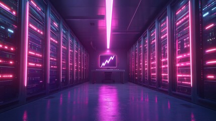 Server room with glowing chart, data processing