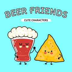 Beer and nacho cartoon characters bonding, smiling, sharing playful camaraderie while embracing culinary companionship