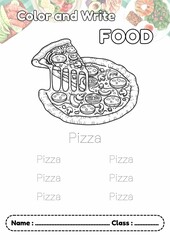 A-Z Category Food, Dotted line letter writing PIZZA and coloring, Alphabet trace and worksheet for kids.