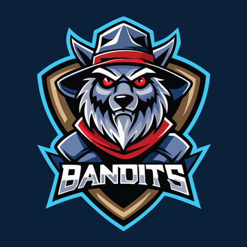 Bandits mascot logo design showcases a fierce bear wearing a hat and bandana with striking blue and red colors, perfect for a modern sports team or gaming brand