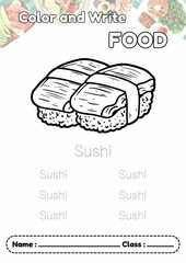 A-Z Category Food, Dotted line letter writing SUSHI and coloring, Alphabet trace and worksheet for kids.