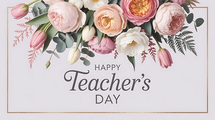 Happy Teacher's Day Floral Greeting Card with Roses and Tulips.