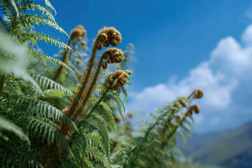 Close-up image of an unravelling fern frond against the background of blue sky and mountains. 