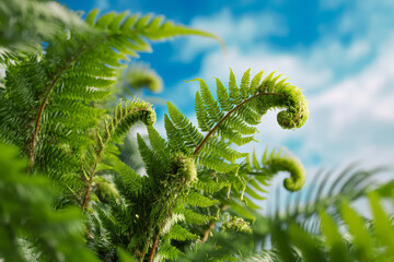 Unravelling fern frond against the background of blue sky.