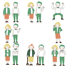 シニア人物イラストセット・高齢者のさまざまな表情と感情のバリエーション