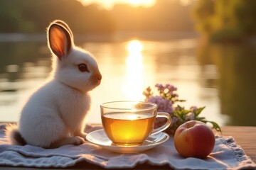 Cute Bunny Enjoying Tea in a Sunny Garden