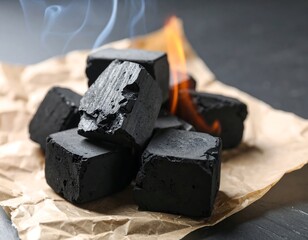 Charcoal briquettes on brown paper