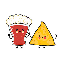 Cartoon Beer and Nachos personified, clasping hands, celebrating culinary companionship with playful camaraderie