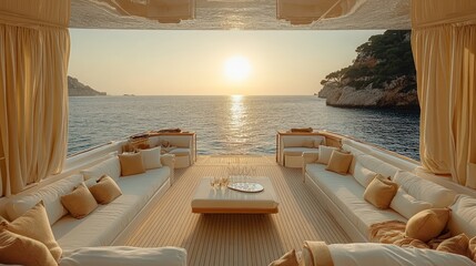 Luxurious yacht deck at sunset.  Serene and elegant