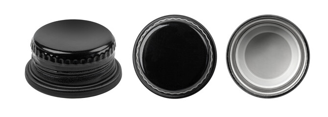 Black bottle cap showing different perspectives, isolated on white background
