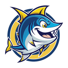 Fototapeta premium Creative mascot logo featuring a spirited yellowfin tuna designed for fishing enthusiasts and marine lovers, representing excitement and adventure in coastal activities