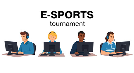 Flat vector illustration of a cyber e-sport tournament with competitive gamer teams in headsets playing multiplayer video games at computers during a professional digital championship. © Purnomo