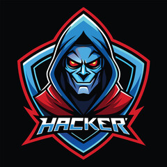 Hacker mascot logo designed for sports and esports teams, featuring a menacing figure in a hoodie with intense eyes and bold colors, embodying energy and competition in digital arenas