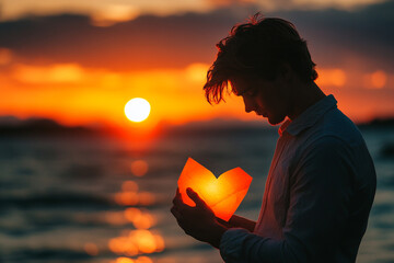Man holding a letter close to his heart silhouette