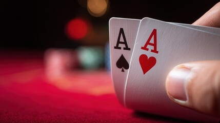 A player holding two cards: ace of spades and ace of hearts against blurred background of poker table with casino chips