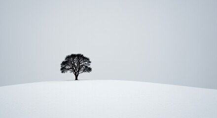 AI-Generated of Minimalist Winter Scene with Negative Space with Lone Tree in Snowy Landscape