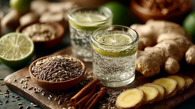 Sparkling cumin lime drink in glasses with slices of ginger, cinnamon, and spices on rustic wooden table. Concept of healthy herbal beverage