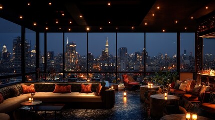 Rooftop lounge with city view at night