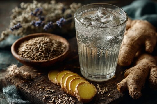 Sparkling cumin lime drink in glasses with slices of ginger, cinnamon, and spices on rustic wooden table. Concept of healthy herbal beverage