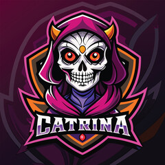 Fototapeta premium Catrina mascot logo designed for electronic sport featuring a skull with vibrant colors and a hood