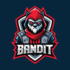 Fototapeta premium Unique bandit mascot logo design featuring a fierce character in a red hooded cloak with an intense expression, showcasing a modern esports vibe suitable for gaming teams or events